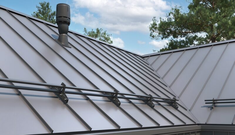 Close-up,House,Retro,Roof,Panel,With,Standing,Seam,And,Fasteners.